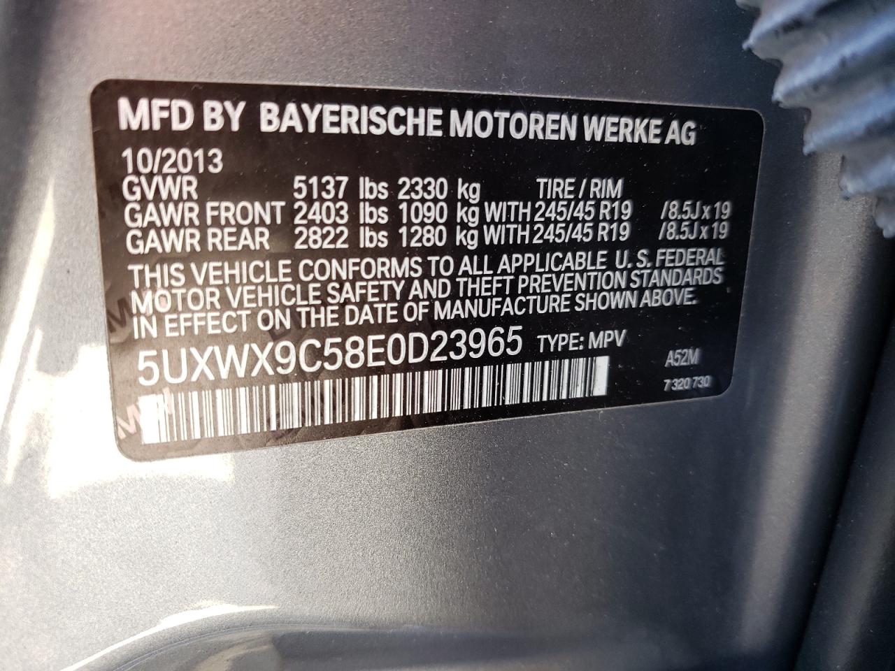 Photo 10 from auction – 2014 BMW X3 XDRIVE2 with VIN 5UXWX9C58E0D23965