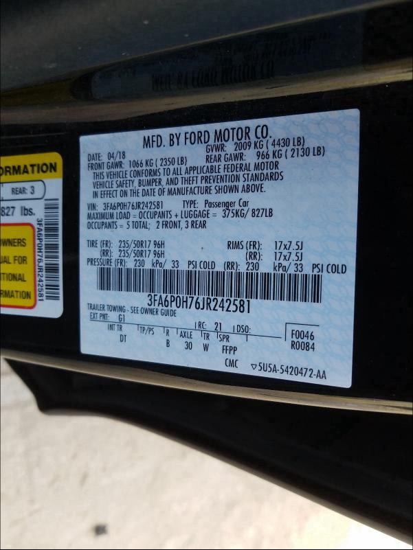 Photo 10 from auction – 2018 FORD FUSION SE with VIN 3FA6P0H76JR242581