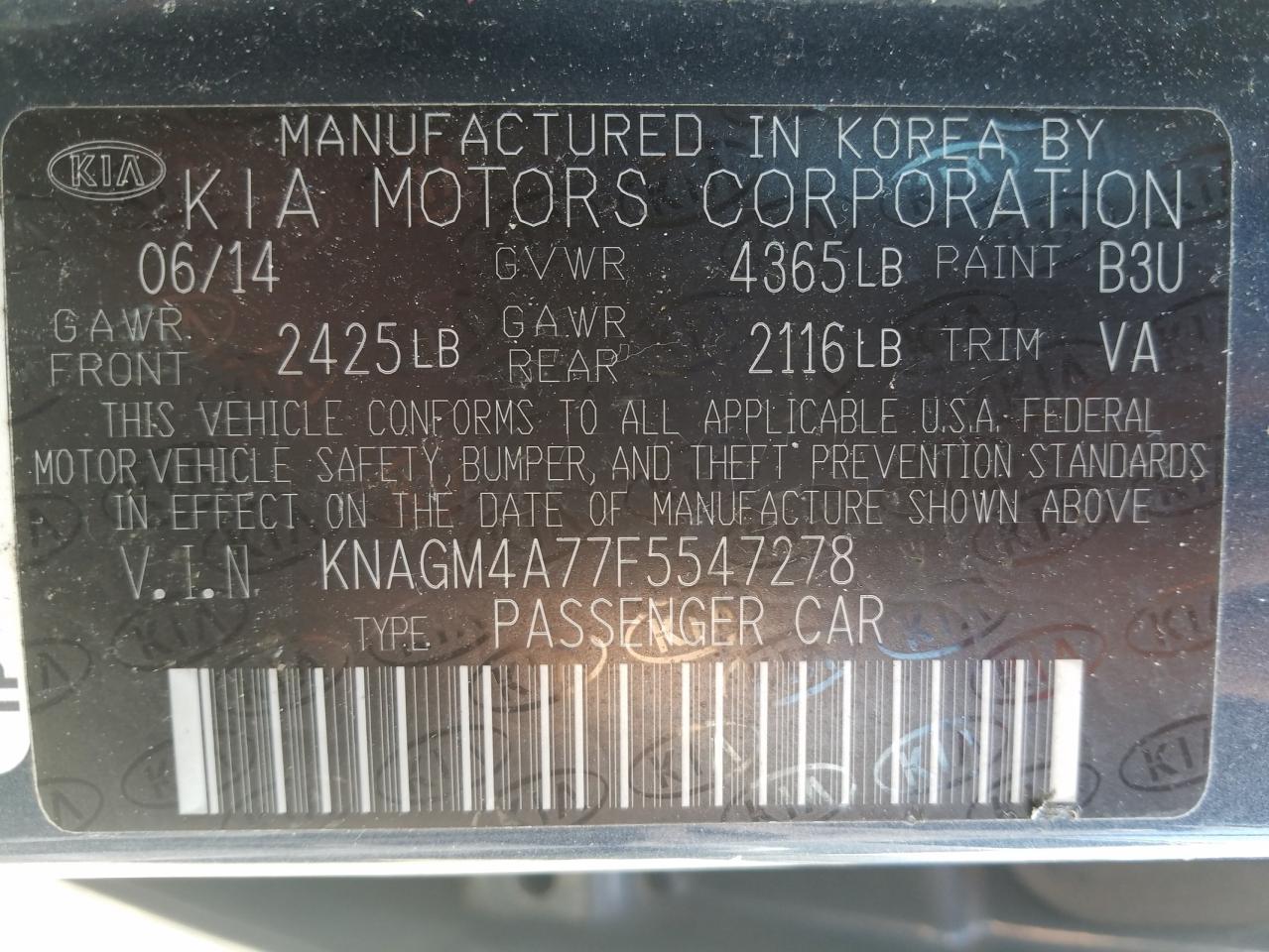Photo 10 from auction – 2015 KIA OPTIMA LX with VIN KNAGM4A77F5547278