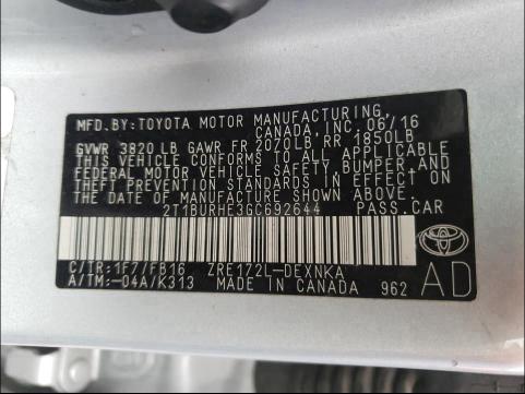 Photo 10 from auction – 2016 TOYOTA COROLLA L with VIN 2T1BURHE3GC692644