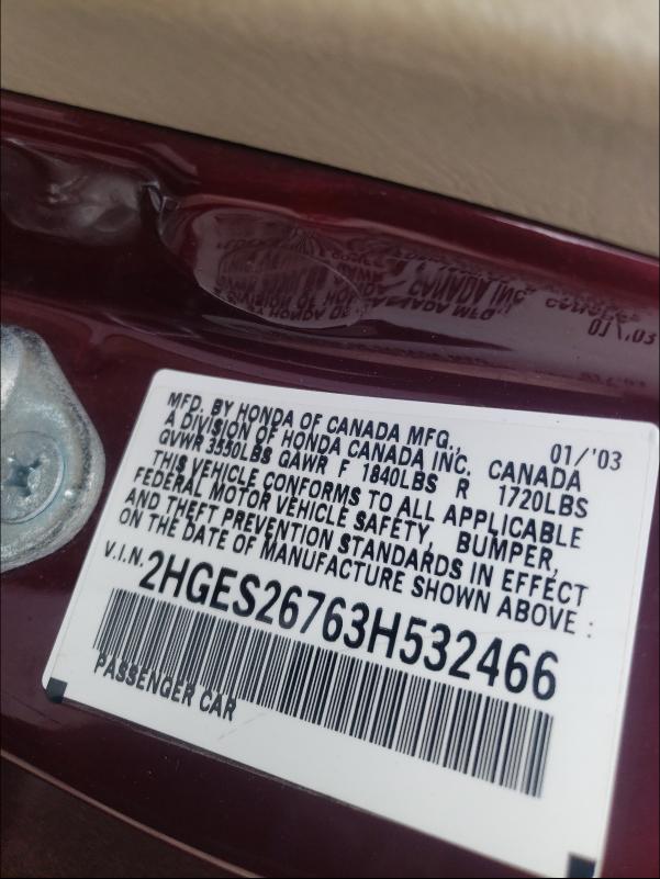 Photo 10 from auction – 2003 HONDA CIVIC EX with VIN 2HGES26763H532466