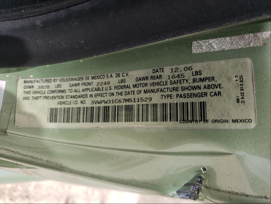 Photo 10 from auction – 2007 VOLKSWAGEN NEW BEETLE with VIN 3VWPW31C67M511529