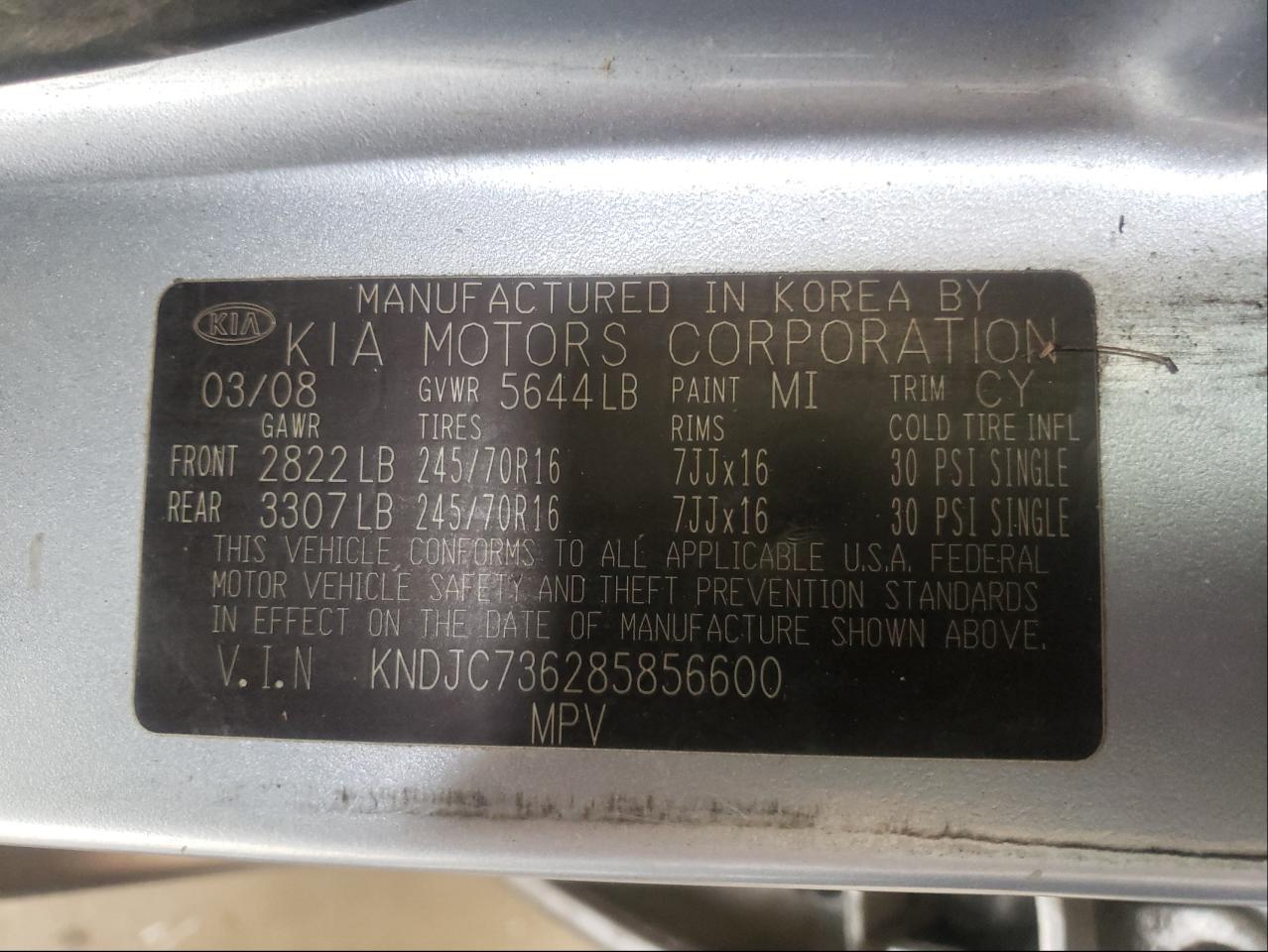 Photo 10 from auction – 2008 KIA SORENTO EX with VIN KNDJC736285856600