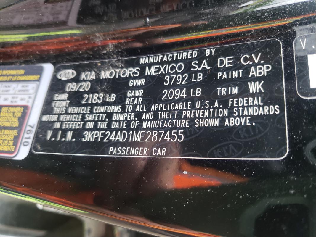 Photo 10 from auction – 2021 KIA FORTE FE with VIN 3KPF24AD1ME287455