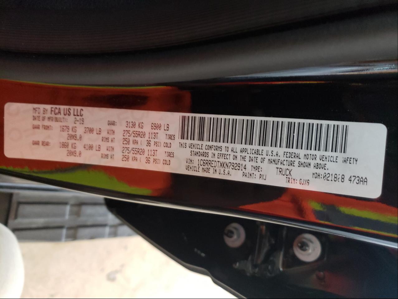 Photo 10 from auction – 2019 RAM 1500 LARAM with VIN 1C6RREDTXKN792914