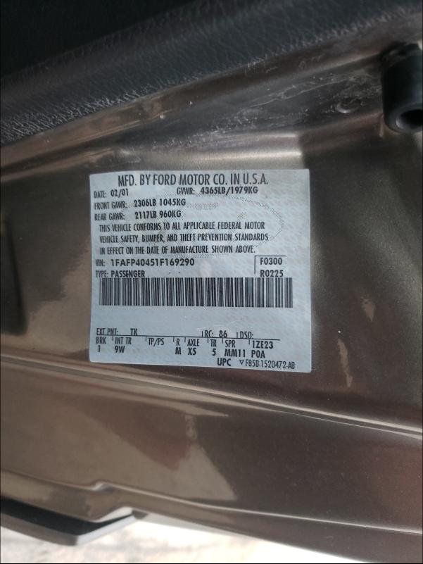 Photo 10 from auction – 2001 FORD MUSTANG with VIN 1FAFP40451F169290