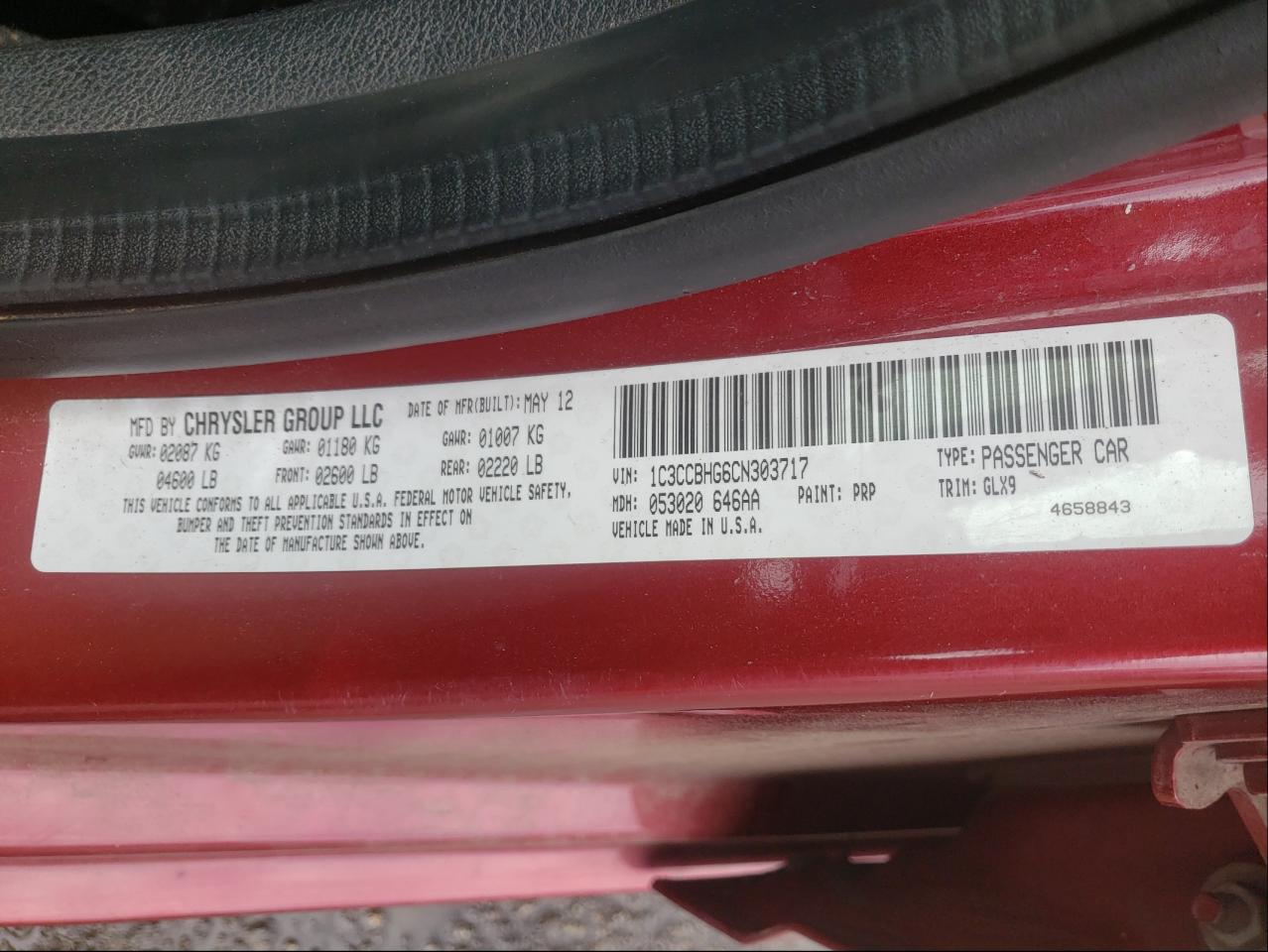 Photo 10 from auction – 2012 CHRYSLER 200 S with VIN 1C3CCBHG6CN303717