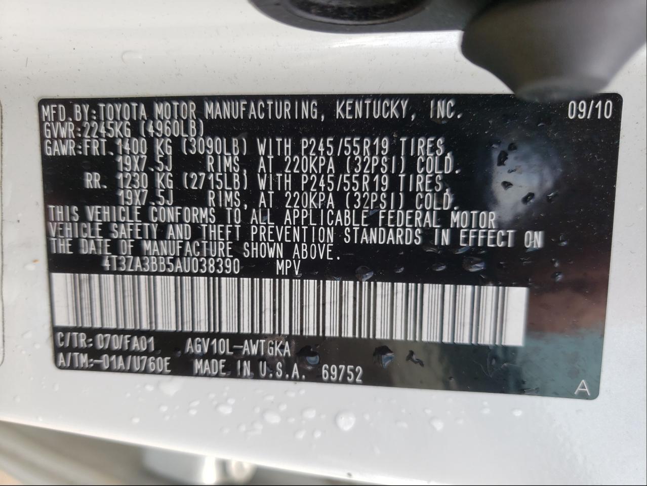 Photo 10 from auction – 2010 TOYOTA VENZA with VIN 4T3ZA3BB5AU038390