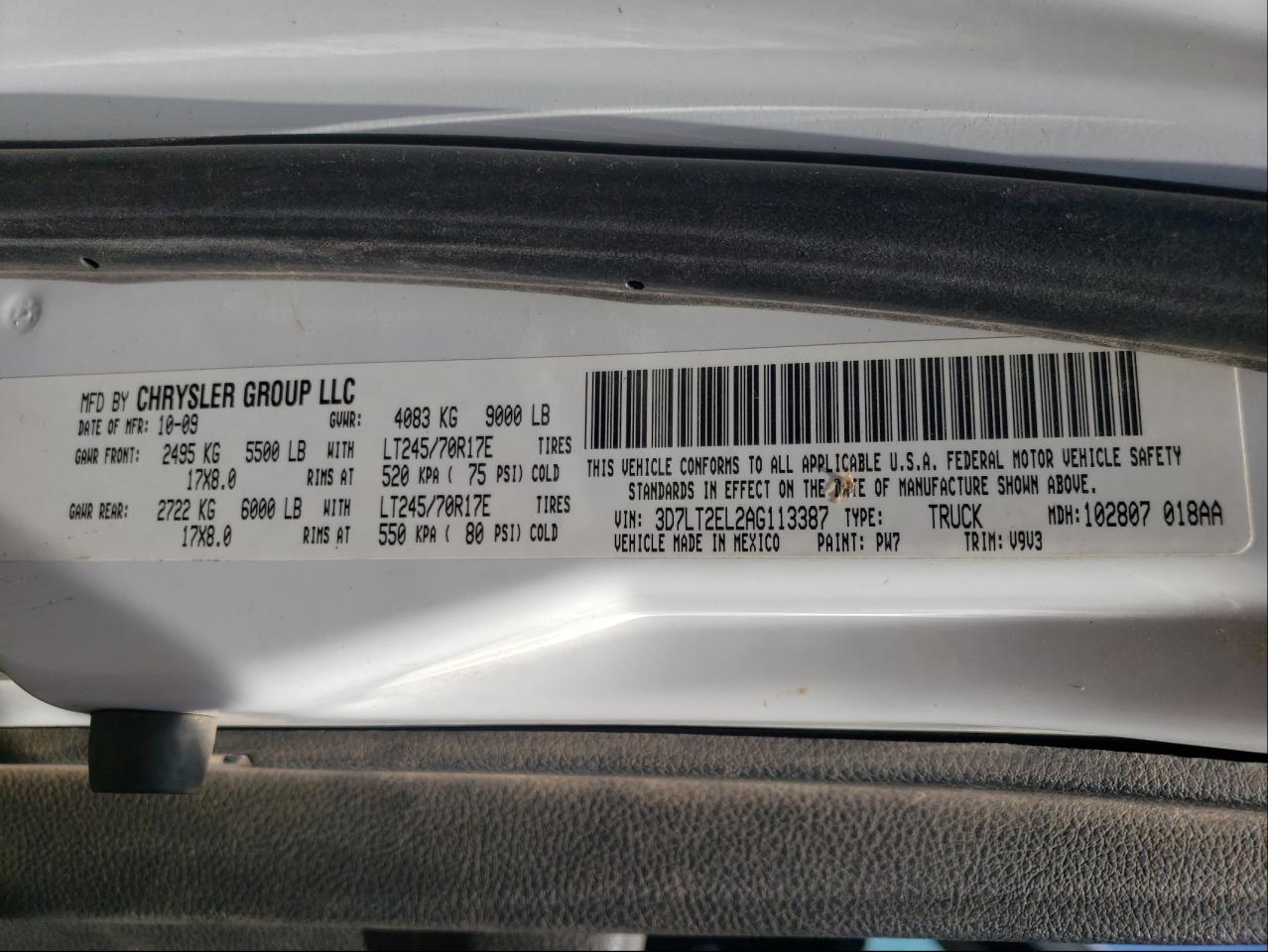 Photo 10 from auction – 2010 DODGE RAM 2500 with VIN 3D7LT2EL2AG113387