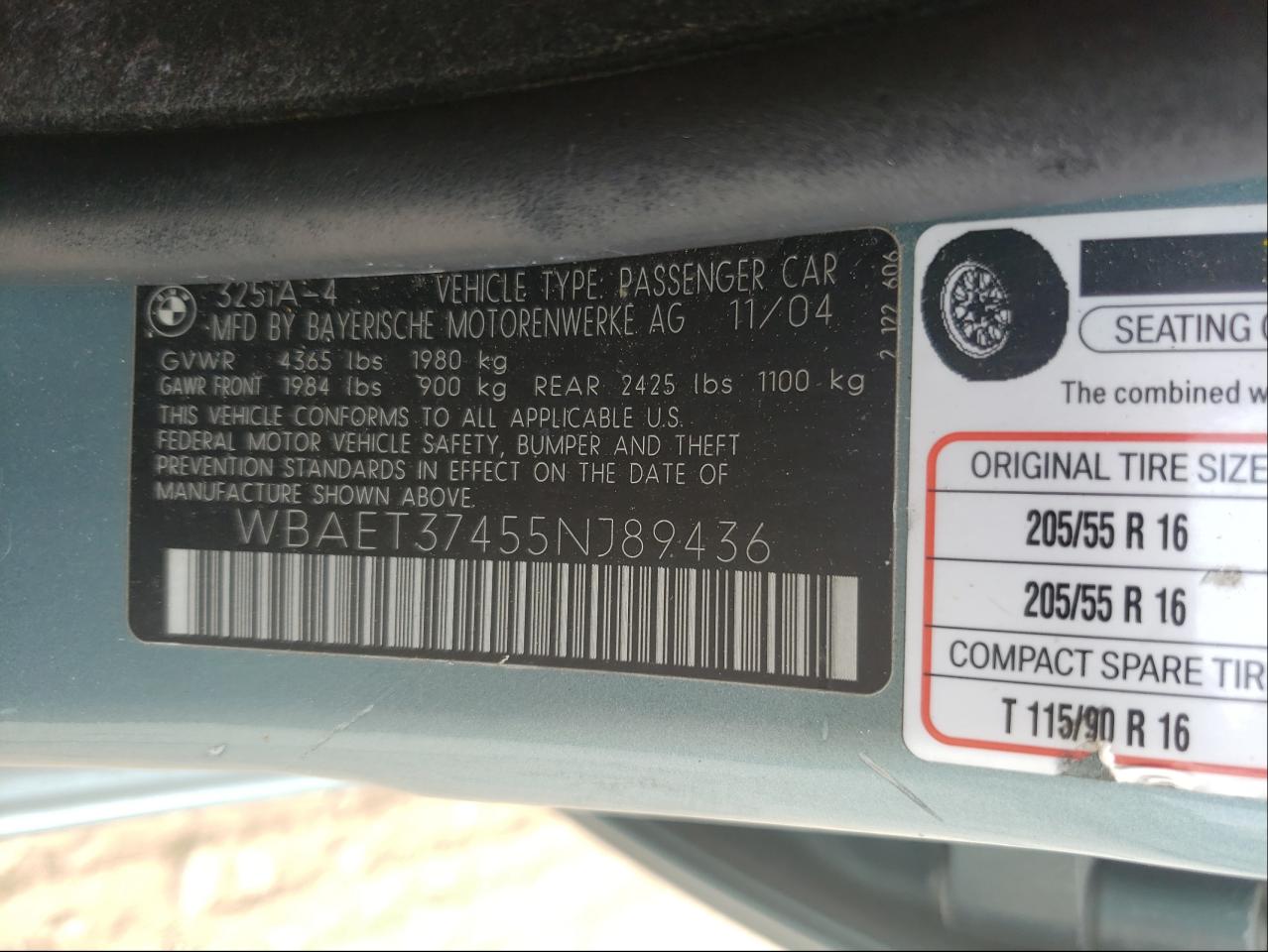 Photo 10 from auction – 2005 BMW 325 I with VIN WBAET37455NJ89436