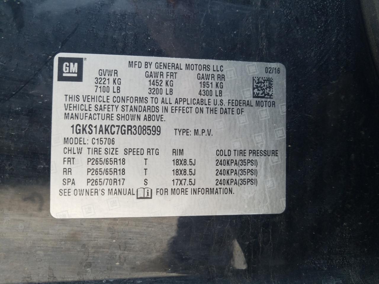 Photo 10 from auction – 2016 GMC YUKON SLE with VIN 1GKS1AKC7GR308599