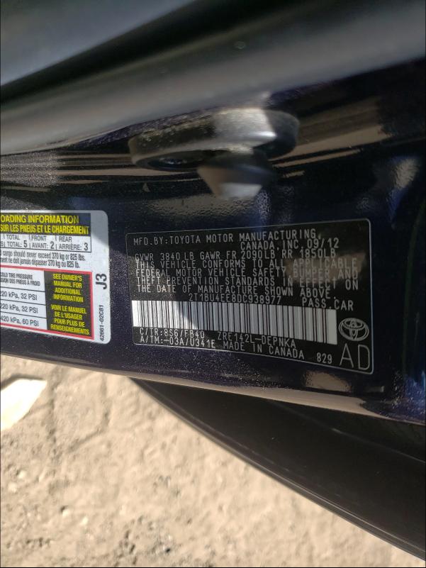 Photo 10 from auction – 2013 TOYOTA COROLLA BA with VIN 2T1BU4EE8DC938977