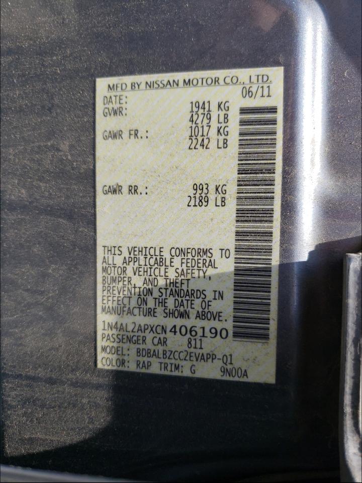 Photo 10 from auction – 2012 NISSAN ALTIMA BAS with VIN 1N4AL2APXCN406190