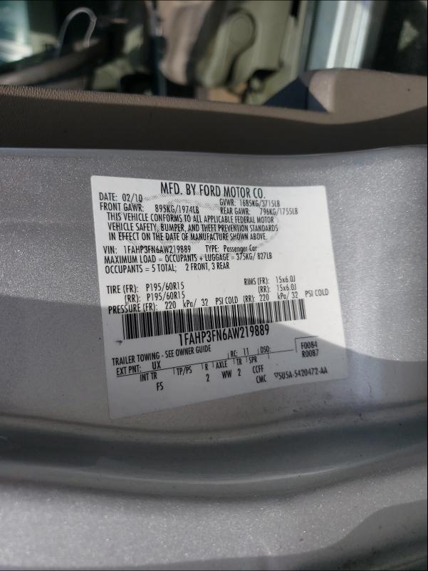 Photo 10 from auction – 2010 FORD FOCUS SE with VIN 1FAHP3FN6AW219889