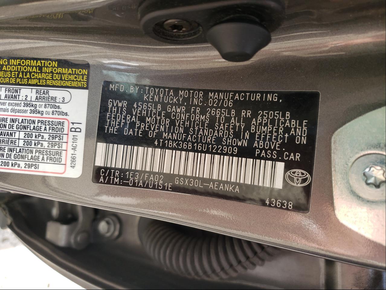 Photo 10 from auction – 2007 TOYOTA AVALON with VIN 4T1BK36B16U122909