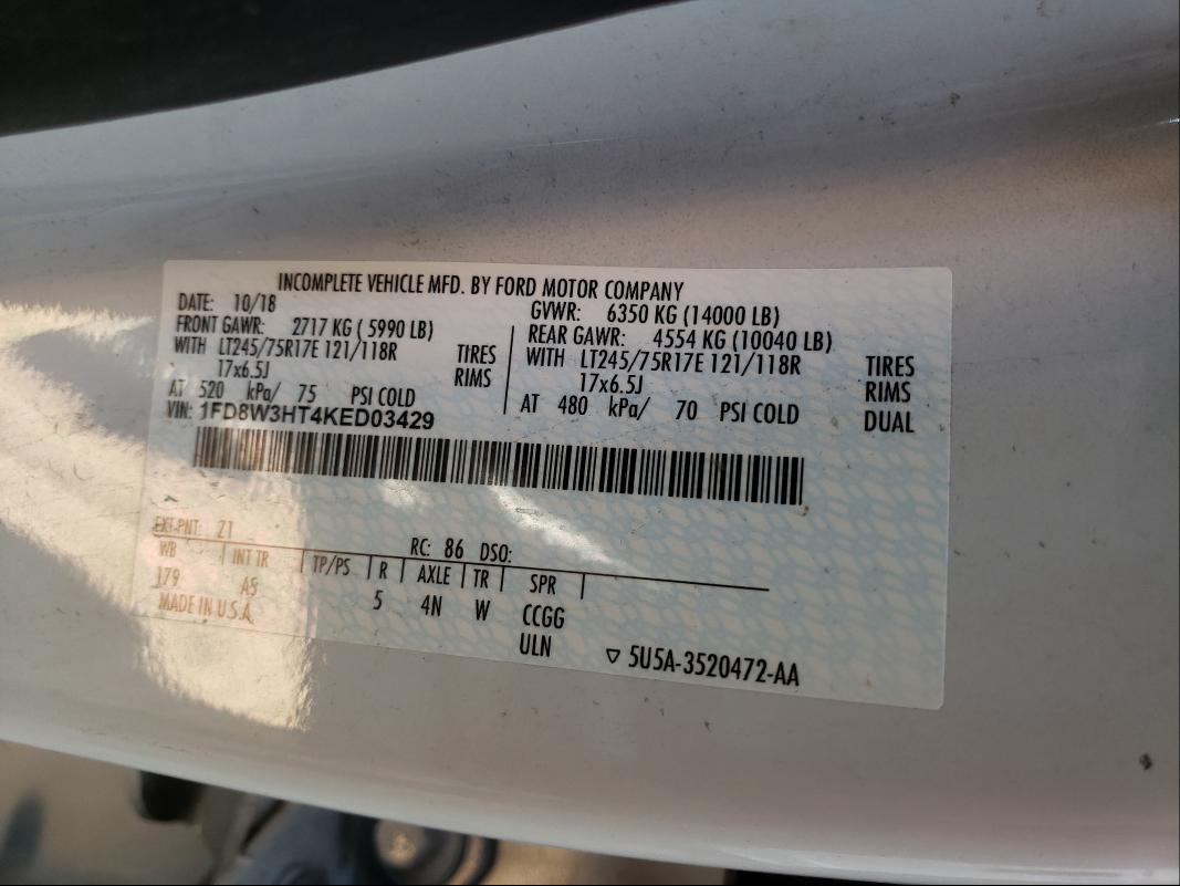 Photo 10 from auction – 2019 FORD F350 with VIN 1FD8W3HT4KED03429