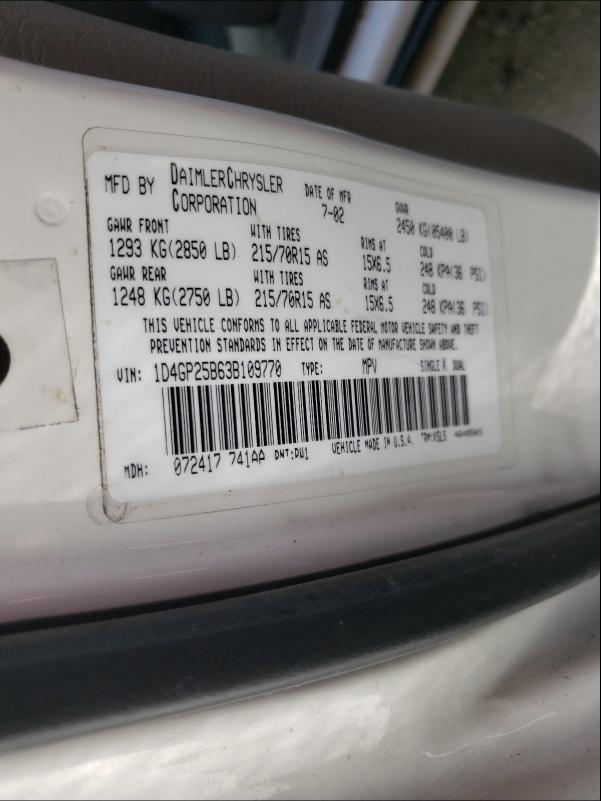 Photo 10 from auction – 2003 DODGE CARAVAN SE with VIN 1D4GP25B63B109770