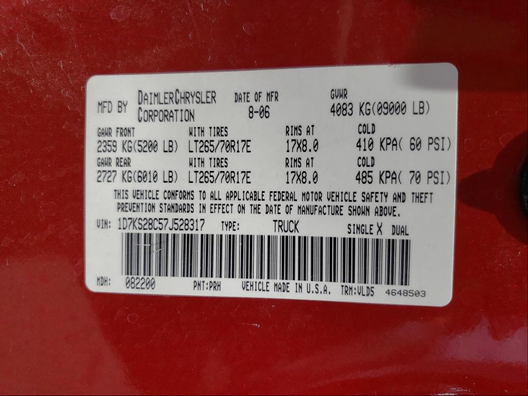 Photo 10 from auction – 2007 DODGE RAM 2500 S with VIN 1D7KS28C57J528317
