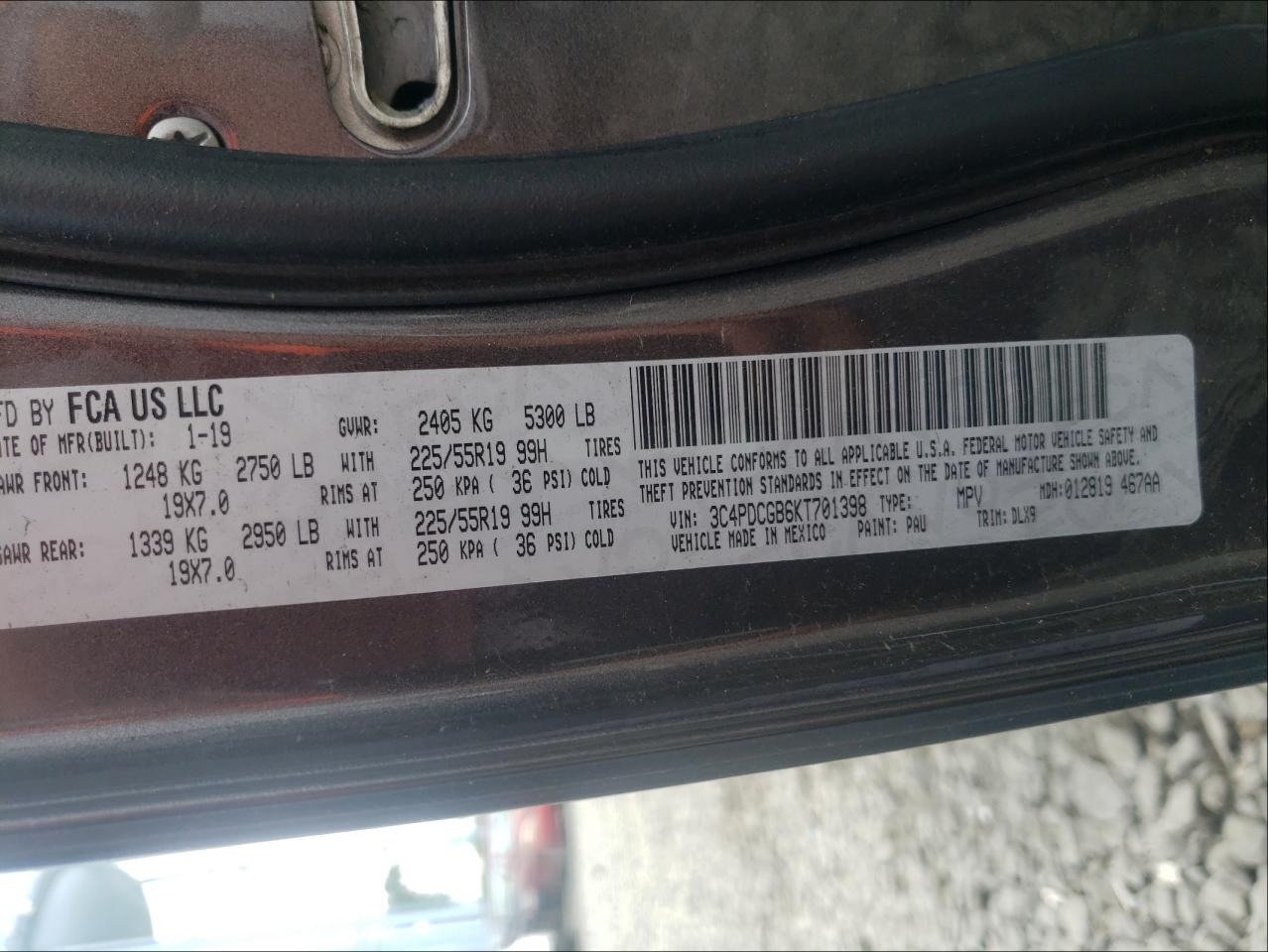 Photo 10 from auction – 2019 DODGE JOURNEY CR with VIN 3C4PDCGB6KT701398