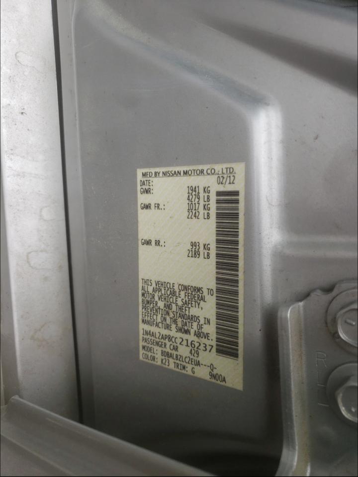 Photo 10 from auction – 2012 NISSAN ALTIMA BAS with VIN 1N4AL2AP8CC216237