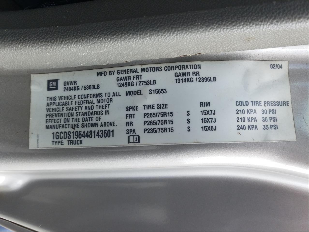 Photo 10 from auction – 2004 CHEVROLET COLORADO with VIN 1GCDS196448143601