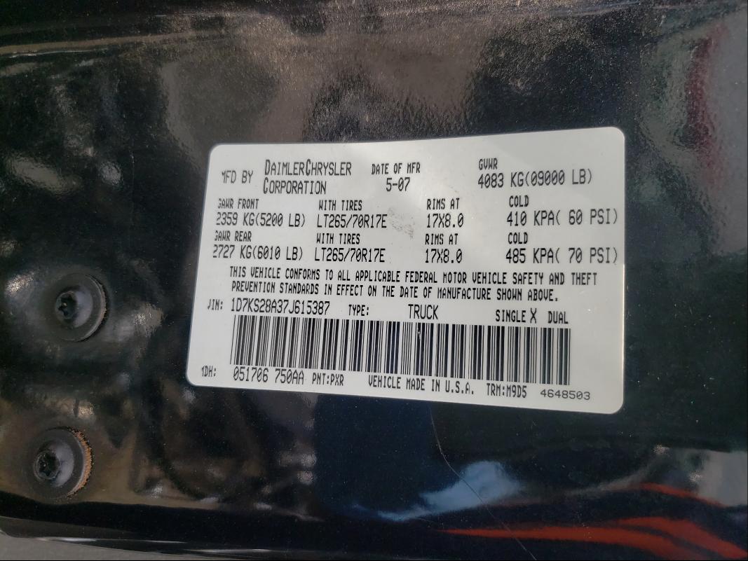 Photo 10 from auction – 2007 DODGE RAM 2500 S with VIN 1D7KS28A37J615387