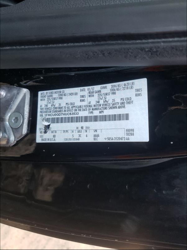 Photo 10 from auction – 2017 FORD ESCAPE SE with VIN 1FMCU0GD7HUC63533