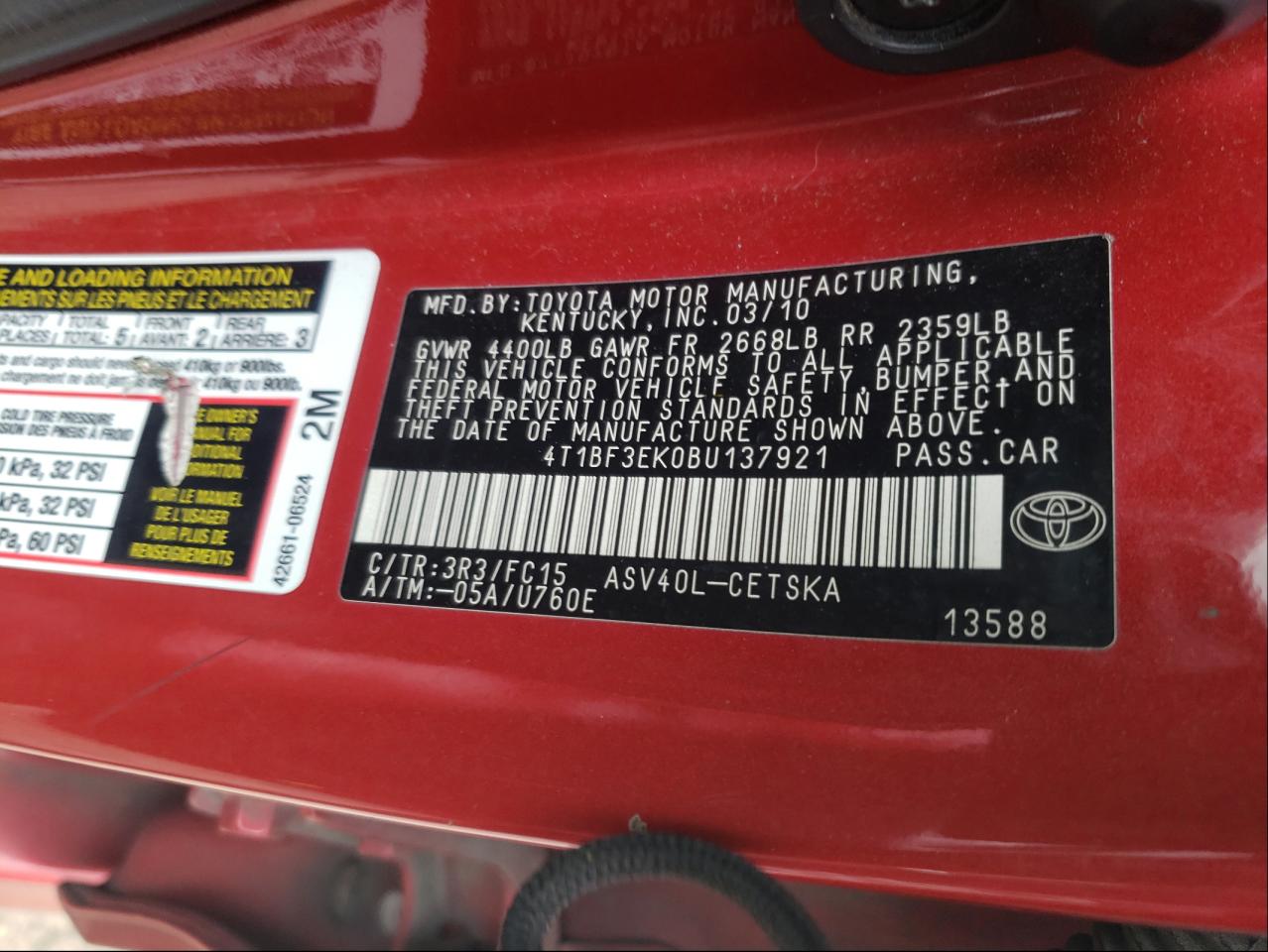 Photo 10 from auction – 2011 TOYOTA CAMRY BASE with VIN 4T1BF3EK0BU137921