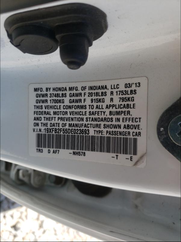 Photo 10 from auction – 2013 HONDA CIVIC LX with VIN 19XFB2F55DE023693