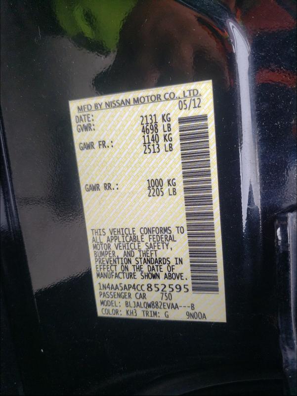 Photo 10 from auction – 2012 NISSAN MAXIMA S with VIN 1N4AA5AP4CC852595