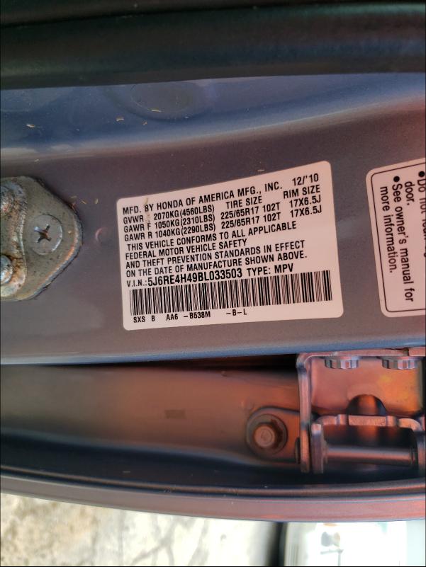 Photo 10 from auction – 2011 HONDA CR-V SE with VIN 5J6RE4H49BL033503