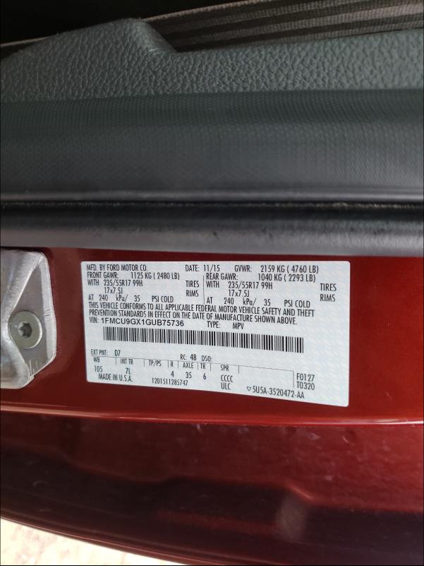 Photo 10 from auction – 2016 FORD ESCAPE SE with VIN 1FMCU9GX1GUB75736