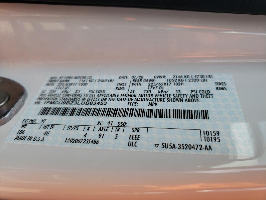 Photo 10 from auction – 2020 FORD ESCAPE SE with VIN 1FMCU9BZ3LUB83453