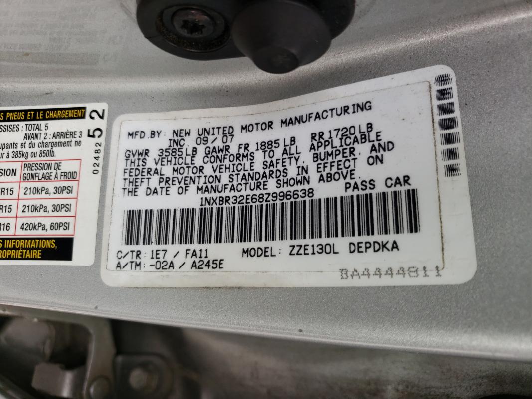 Photo 10 from auction – 2008 TOYOTA COROLLA CE with VIN 1NXBR32E68Z996638