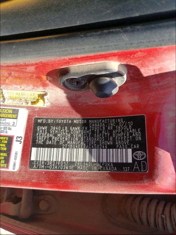 Photo 10 from auction – 2010 TOYOTA COROLLA BA with VIN 2T1BU4EE7AC450244