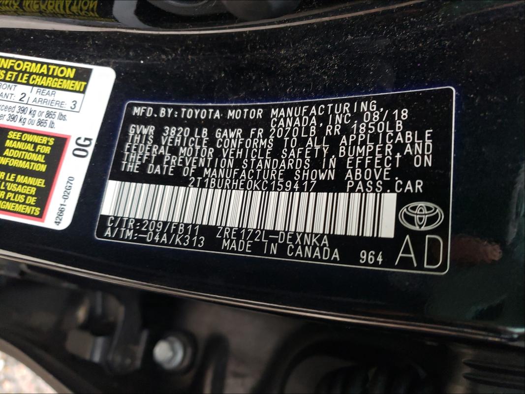 Photo 10 from auction – 2019 TOYOTA COROLLA L with VIN 2T1BURHE0KC159417