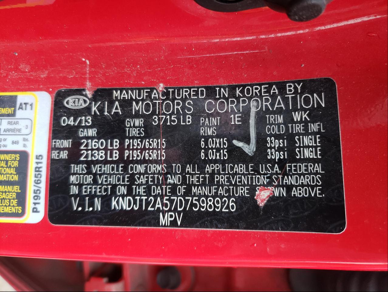 Photo 10 from auction – 2013 KIA SOUL with VIN KNDJT2A57D7598926