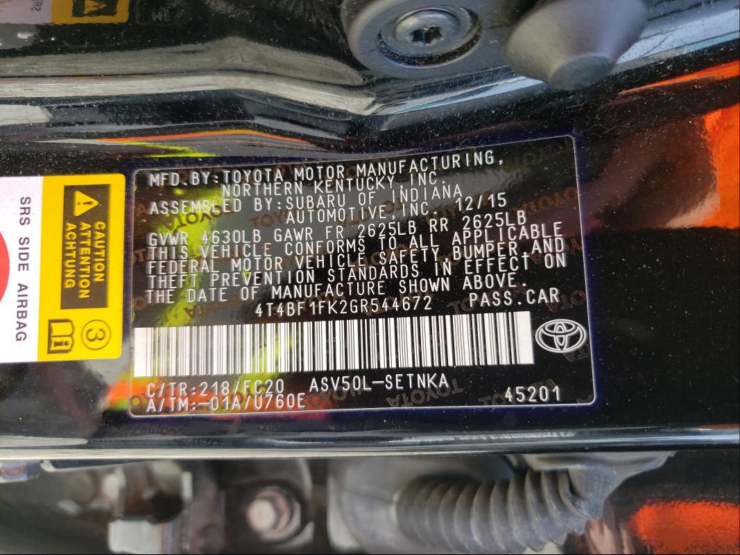 Photo 10 from auction – 2016 TOYOTA CAMRY LE with VIN 4T4BF1FK2GR544672