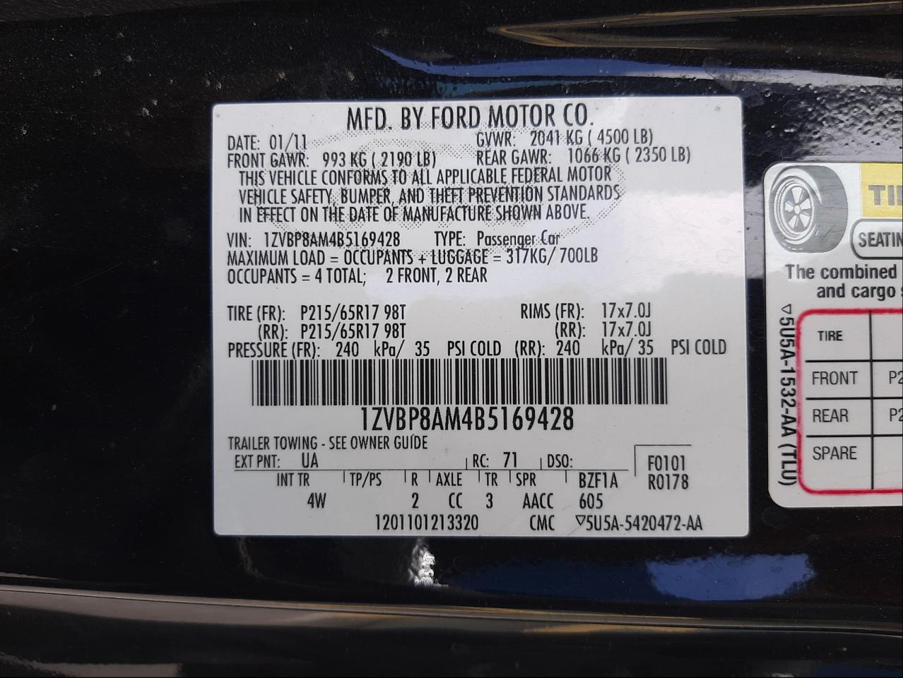 Photo 10 from auction – 2011 FORD MUSTANG with VIN 1ZVBP8AM4B5169428