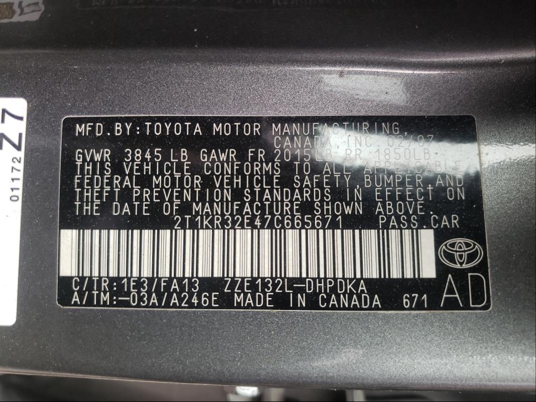 Photo 10 from auction – 2007 TOYOTA COROLLA MA with VIN 2T1KR32E47C665671