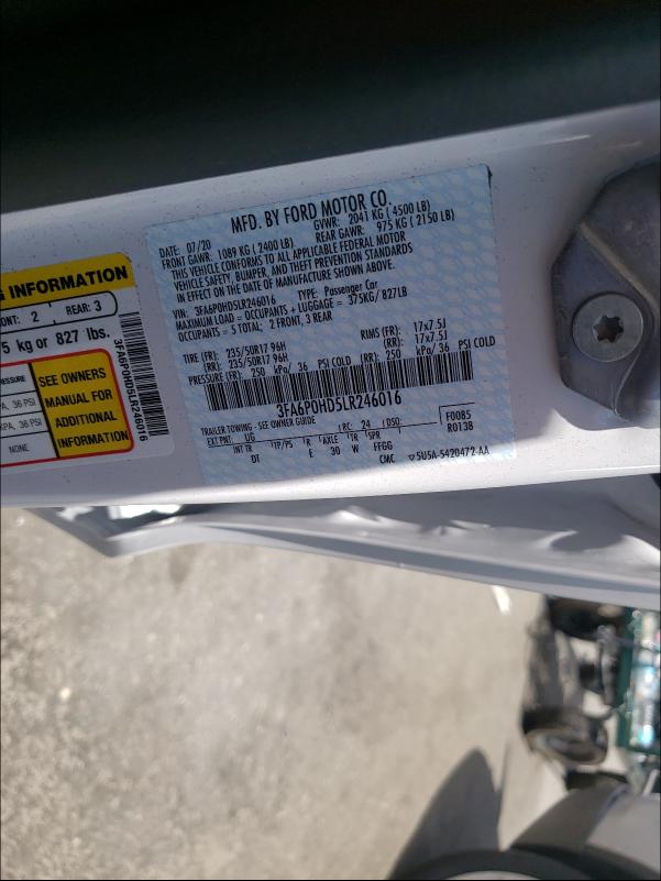 Photo 10 from auction – 2020 FORD FUSION SE with VIN 3FA6P0HD5LR246016