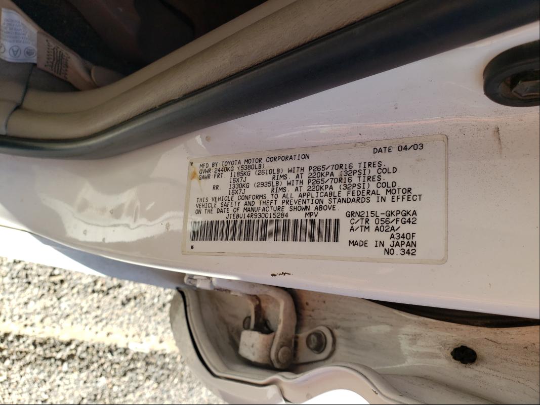 Photo 10 from auction – 2003 TOYOTA 4RUNNER SR with VIN JTEBU14R930015284