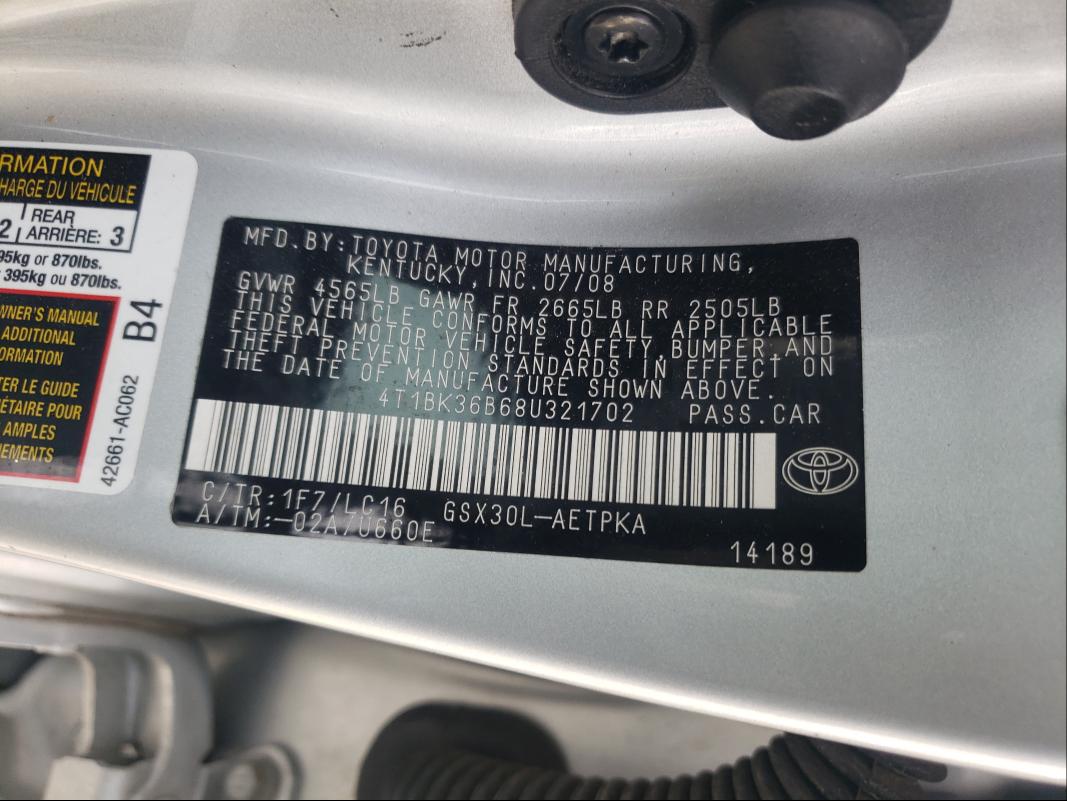 Photo 10 from auction – 2008 TOYOTA AVALON XL with VIN 4T1BK36B68U321702