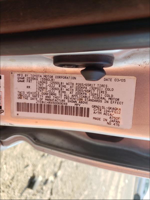 Photo 10 from auction – 2005 TOYOTA 4RUNNER SR with VIN JTEBU14RX50069048