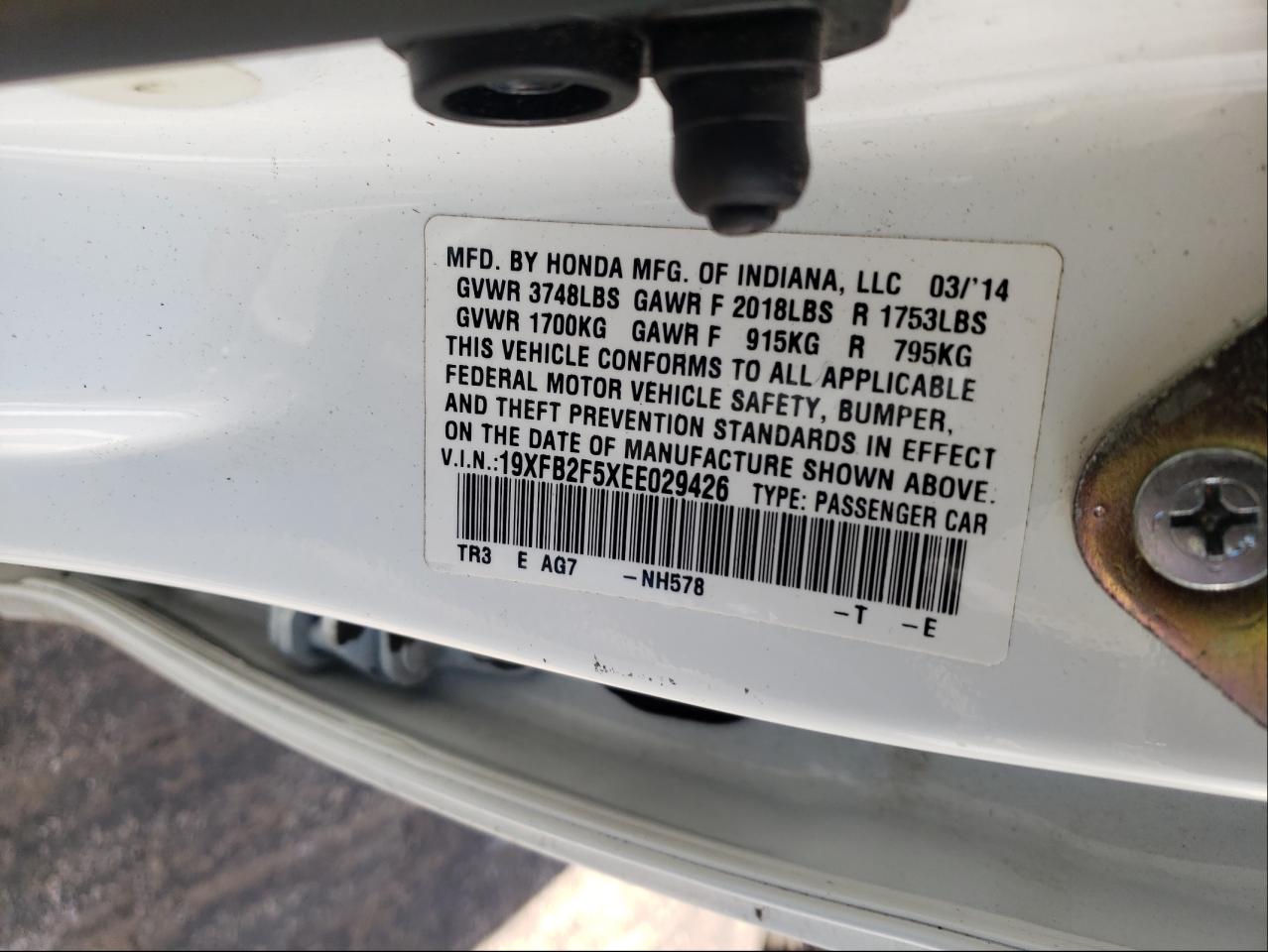 Photo 10 from auction – 2014 HONDA CIVIC LX with VIN 19XFB2F5XEE029426