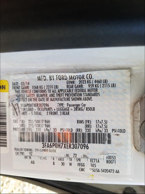 Photo 10 from auction – 2014 FORD FUSION SE with VIN 3FA6P0H7XER307096