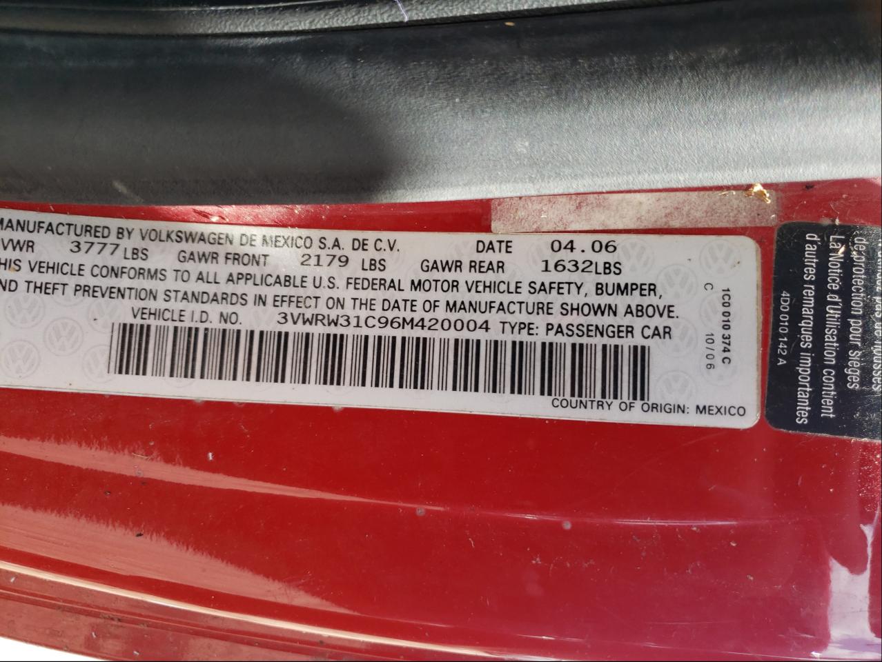 Photo 10 from auction – 2006 VOLKSWAGEN BEETLE with VIN 3VWRW31C96M420004
