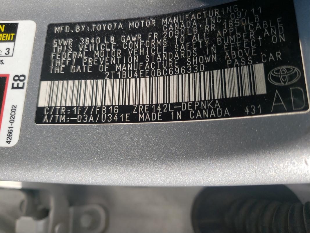 Photo 10 from auction – 2011 TOYOTA COROLLA BA with VIN 2T1BU4EE0BC696330