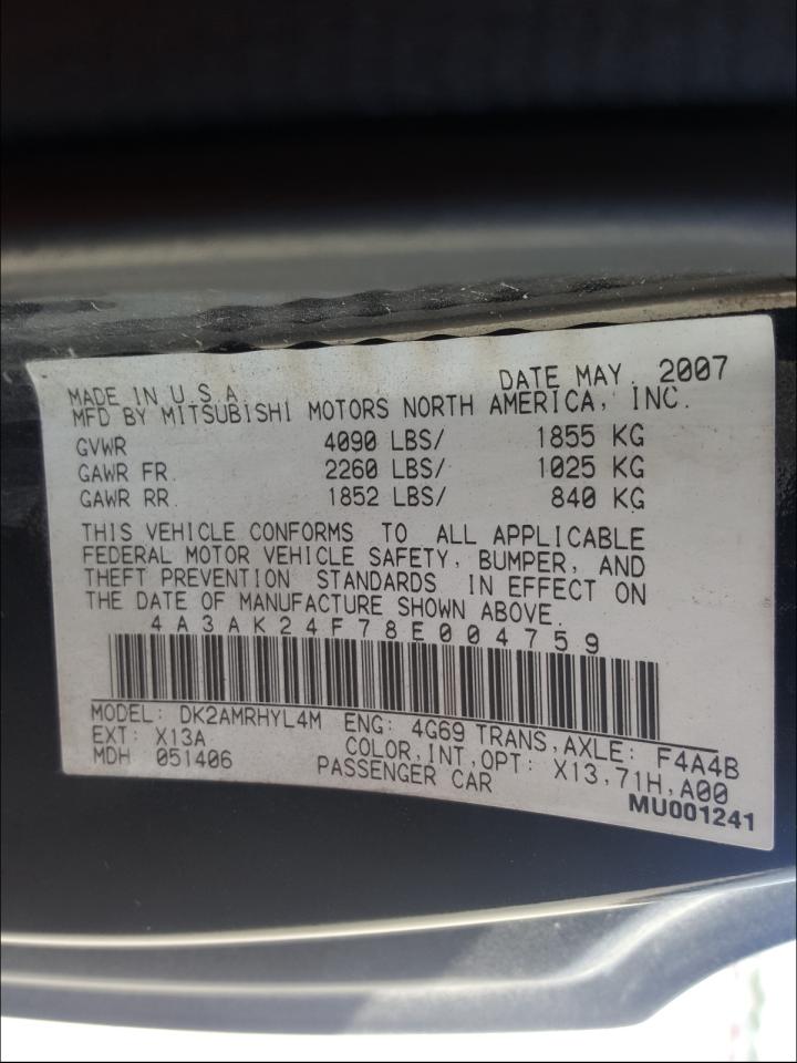Photo 10 from auction – 2008 MITSUBISHI ECLIPSE GS with VIN 4A3AK24F78E004759