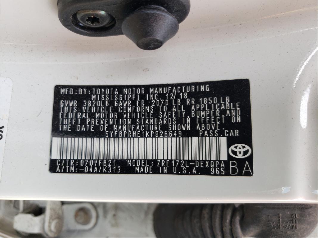 Photo 10 from auction – 2019 TOYOTA COROLLA LE with VIN 5YFBPRHE1KP926649